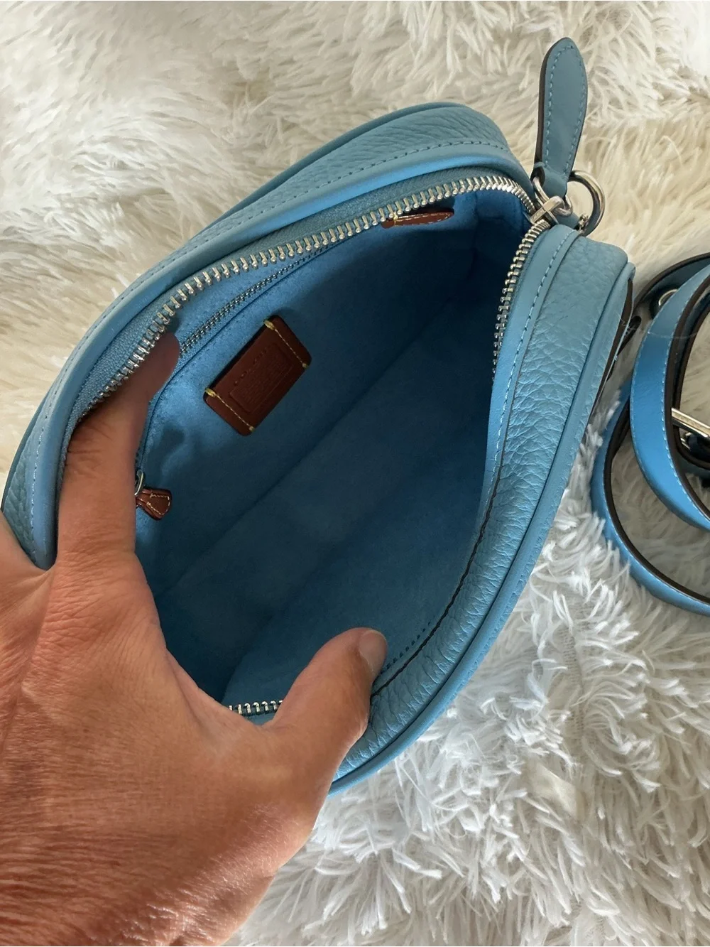 Coach Pebbled Leather Crossbody Camera Bag in Sky Blue